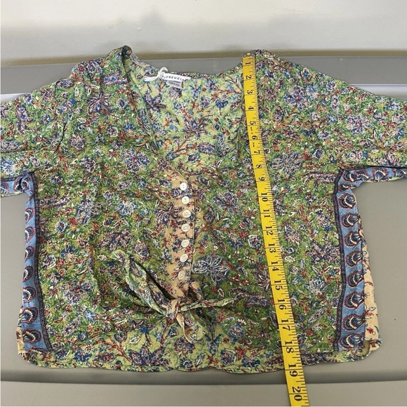New FLORENCIA Boho Peasant Floral Paisley Silk Blouse Medium Green Long Sleeve - Picture 9 of 11